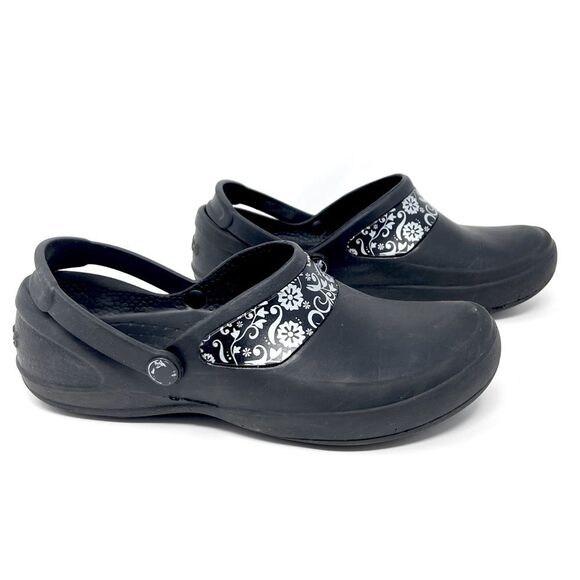 Crocs at Work Mercy Black Silver Floral Trim Back Strap Slip-Resistant Clogs 8 - Picture 9 of 9